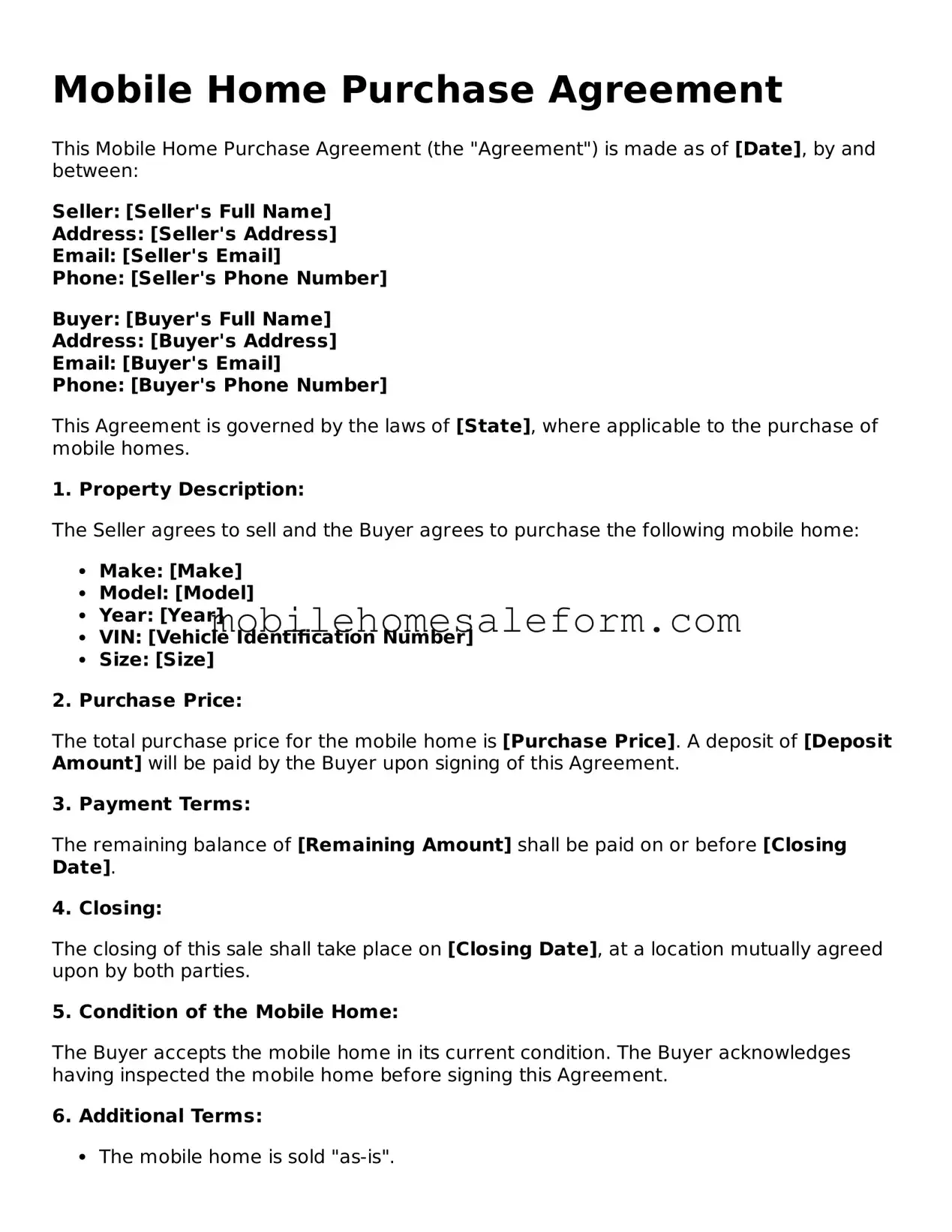 Fillable Mobile Home Purchase Agreement Document